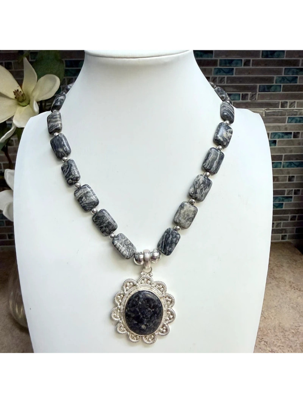 Handcrafted Jasper Statement Necklace Gray Beaded Oval Stone Pendant Artisan
